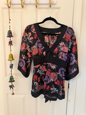 Bisou Bisou Black Floral V-Neck Top with Pink & Purple Blooms